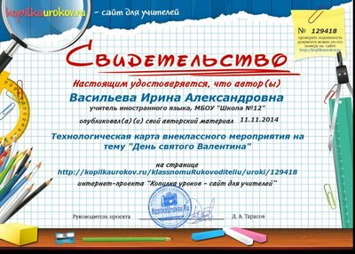 Свидетельство Технологическая карта внеклассного мероприятия на тему -День святого Валентина- (1).png