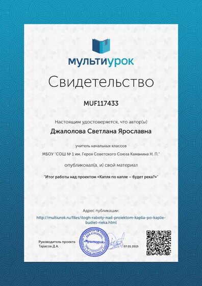 Свидетельство Итог работы над проектом «Капля по капле – будет река_».png