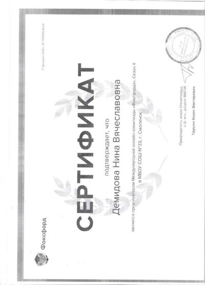 Сертификат организатора Международной онлайн-олимпиады Фоксфорд сезон II  001.jpg
