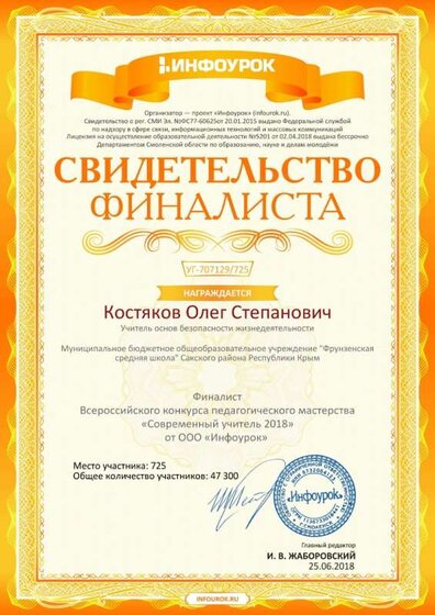 Свидетельство финалиста проекта infourok.ru №707129725 финалиста конкурса «Современный учитель 2018».jpg