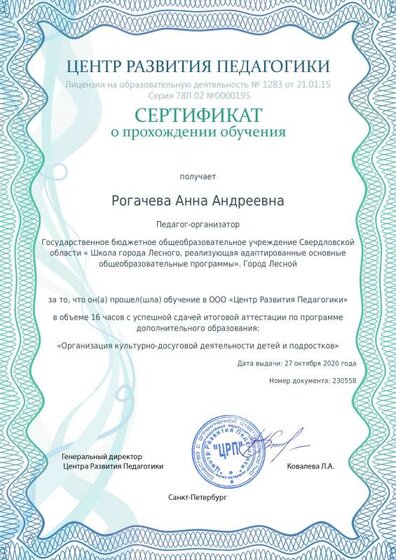 Сертификат Организация культурно-досуговой деятельности детей и подростков.pdf.jpeg