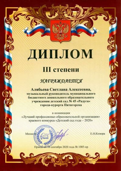 16.09.2020 г. Диплом 3 степени Алябьева С.А. Министр края Детский сад -2020 г. Лучший профессионал.jpg
