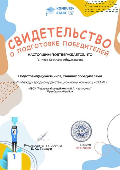 Свидетельство о подготовке победителей konkurs-start.ru №117217820.jpg