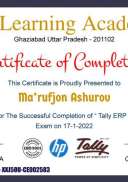 Certificate for Ma’rufjon Ashurov for _Tally ERP 9 Quiz By TAJ Lea...jpg