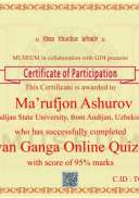 Certificate for Ma’rufjon Ashurov for _Gyan Ganga Online Quiz #4_.jpg