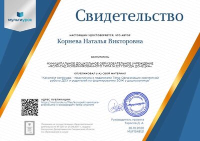 Свидетельство Конспект   семинара – практикума с педагогами    Тема_ Организация совместной работы ДОУ и родителей по формированию ЗОЖ у дошкольников.png