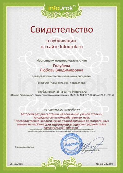 Свидетельство проекта Диссертации автореферат infourok.ru №232380.jpg