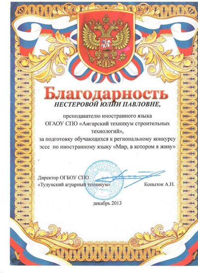 2013 Благодарность за подготовку к региональному конкурсу эссе по ин-язу.jpg