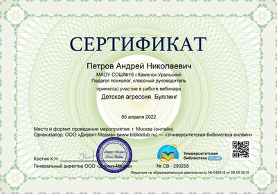 01.Сертификат (Директ-Академия) Детская агрессия. Буллинг (Петров А.Н.).jpg
