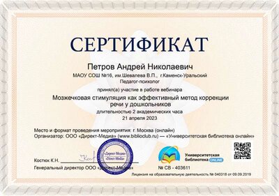 17.Сертификат (Директ-Академия) Мозжечковая стимуляция как эффективный метод коррекции речи у дошкольников (Петров А.Н.).jpg
