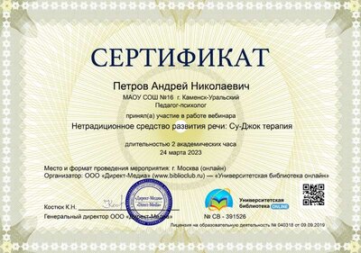 15.Сертификат (Директ-Академия) Нетрадиционное средство развития речи. Су-Джок терапия (Петров А.Н.).jpg