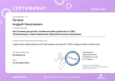 02.Сертификат (Учи.ру) Адаптация образовательной программы для детей с ОВЗ и трудностями в обучении_Модуль 2 (Петров А.Н.).pdf.jpeg