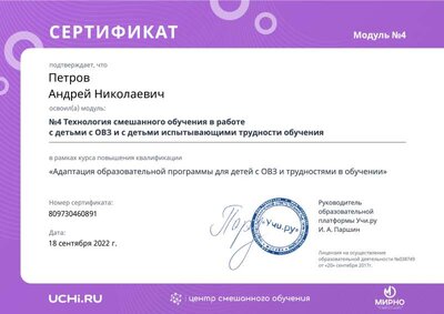 04.Сертификат (Учи.ру) Адаптация образовательной программы для детей с ОВЗ и трудностями в обучении_Модуль 4 (Петров А.Н.).pdf.jpeg