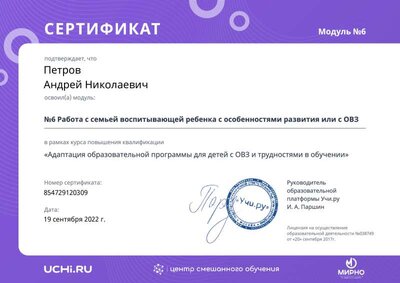 06.Сертификат (Учи.ру) Адаптация образовательной программы для детей с ОВЗ и трудностями в обучении_Модуль 6 (Петров А.Н.).pdf.jpeg