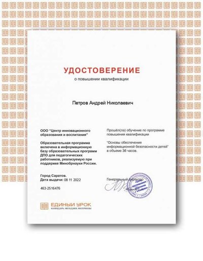 Удостоверение (Единый урок) Основы обеспечения инфомационной безопасности детей (Петров А.Н.) .jpg