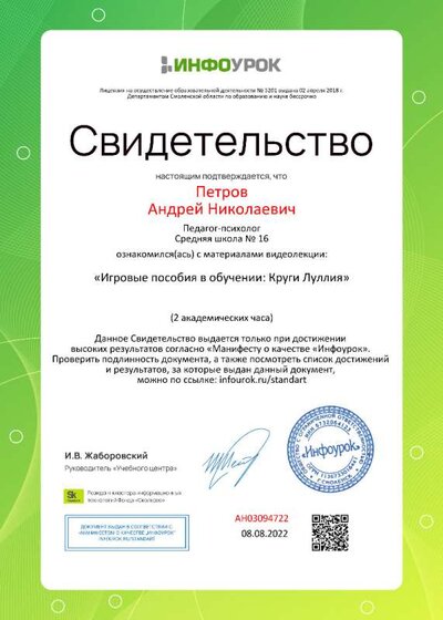 02.Свидетельство (Инфоурок) Круги Луллия (Игровые пособия в обучении) Петров А.Н.jpg