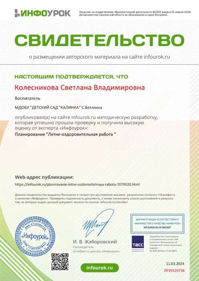 Свидетельство проекта infourok.ru Летне-оздоровительная.jpg