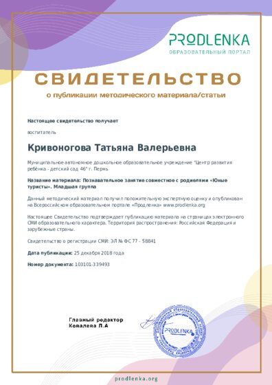 Познавательное занятие совместное с родиелями «Юные туристы». Младшая группа