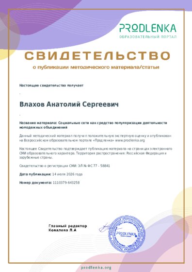Социальные сети как средство популяризации деятельности молодежных объединений