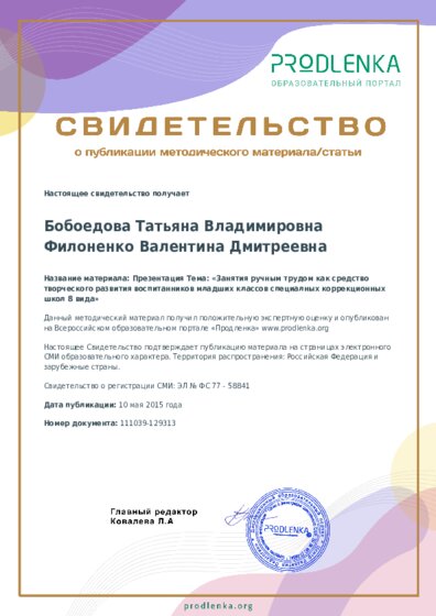 Презентация Тема: «Занятия ручным трудом как средство творческого развития воспитанников младших классов специалных коррекционных школ 8 вида»