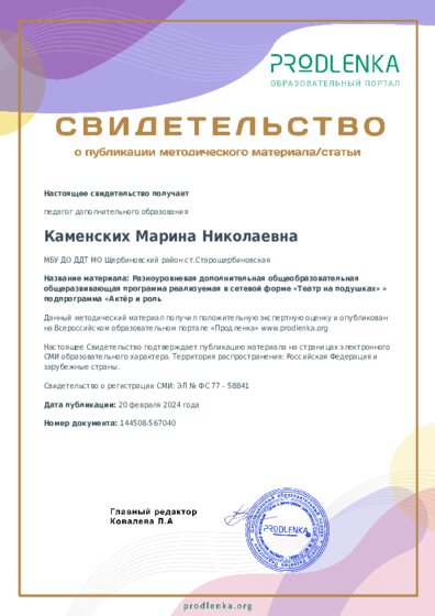 Разноуровневая дополнительная общеобразовательная общеразвивающая программа реализуемая в сетевой форме «Театр на подушках» » подпрограмма «Актёр и роль