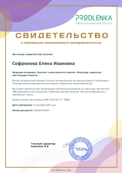Конспект экологического занятия «Непоседа, невеличка желтогрудая синичка»
