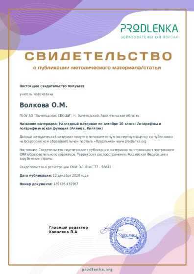 Наглядный материал по алгебре 10 класс: Логарифмы и логарифмическая функция (Алимов, Колягин)