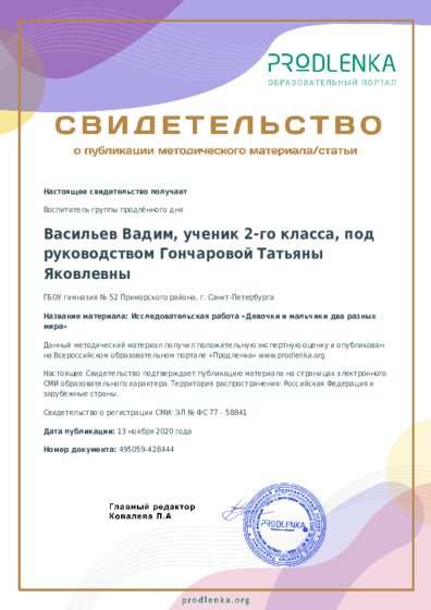 Исследовательская работа «Девочки и мальчики два разных мира»
