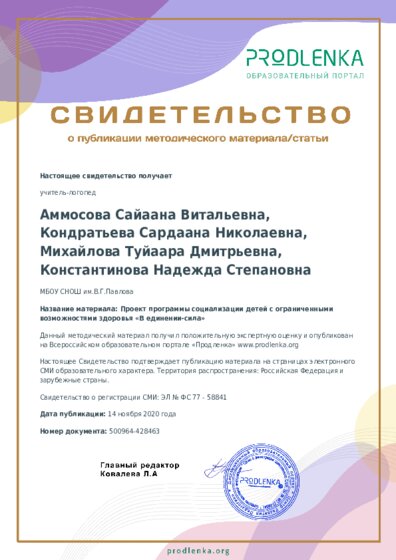 Проект программы социализации детей с ограниченными возможностями здоровья «В единении-сила»