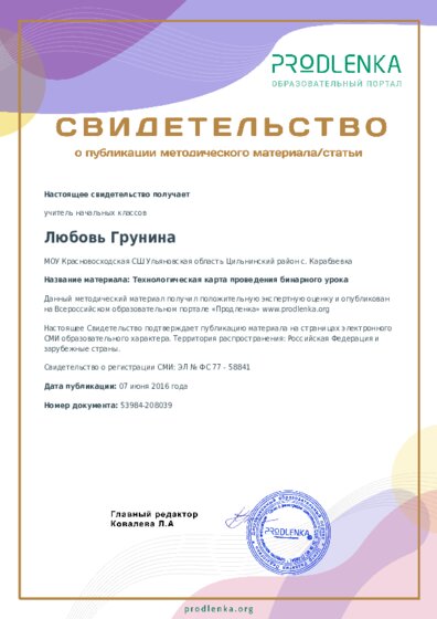 Технологическая карта проведения бинарного урока