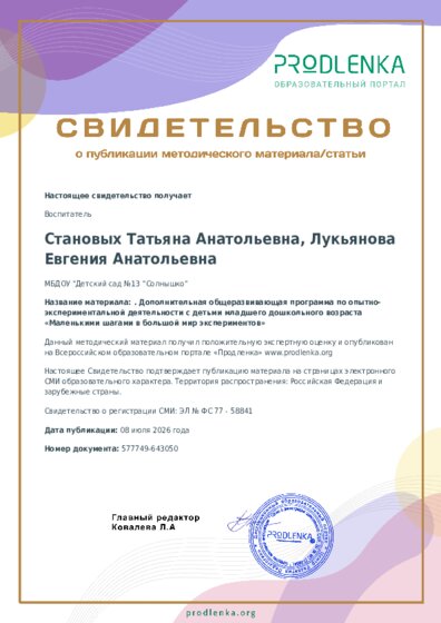 . Дополнительная общеразвивающая программа по опытно-экспериментальной деятельности с детьми младшего дошкольного возраста «Маленькими шагами в большой мир экспериментов»