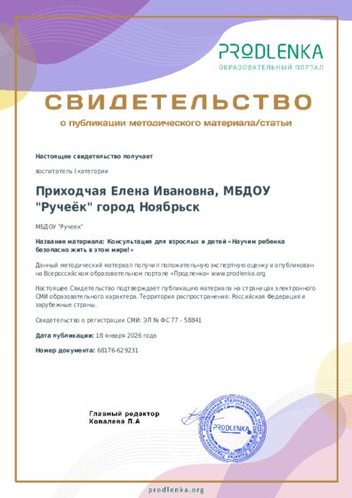 Консультация для взрослых и детей «Научим ребенка безопасно жить в этом мире!»