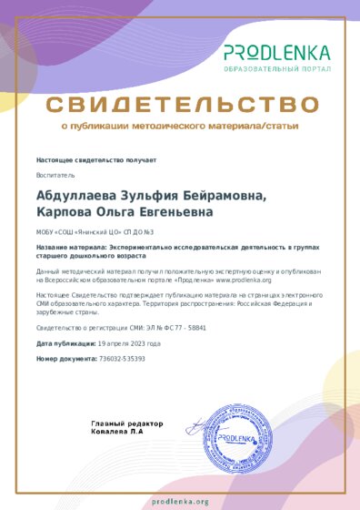 Экспериментально исследовательская деятельность в группах старшего дошкольного возраста