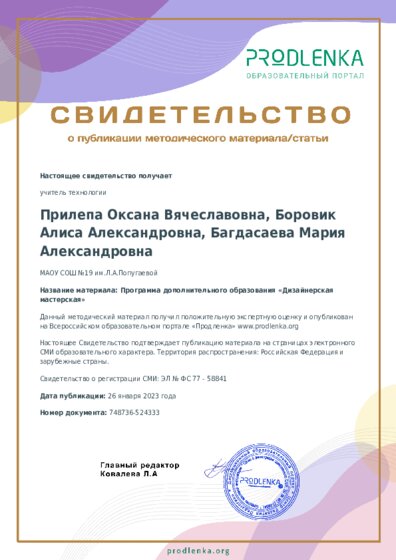 Программа дополнительного образования «Дизайнерская мастерская»