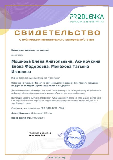 Проект по обучению детей правилам безопасного поведения на дорогах в средней группе «Безопасность на дороге»