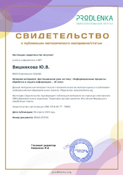 Дистанционный урок на тему: «Информационные процессы: обработка и защита информации» , 10 класс