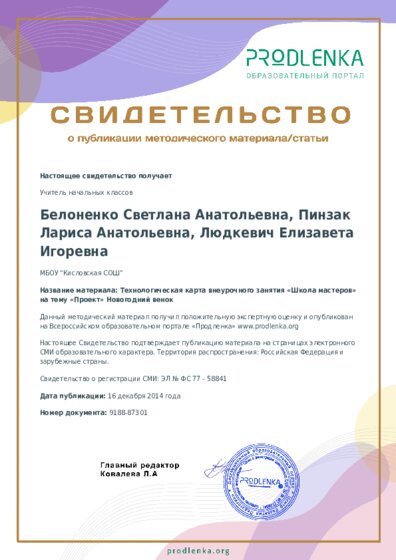 Технологическая карта внеурочного занятия «Школа мастеров» на тему «Проект» Новогодний венок