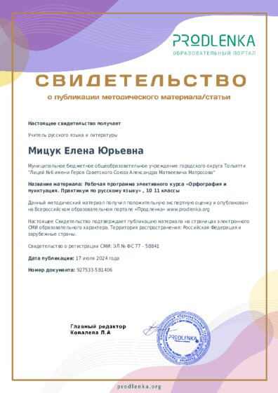 Рабочая программа элективного курса «Орфография и пунктуация. Практикум по русскому языку» , 10 11 классы