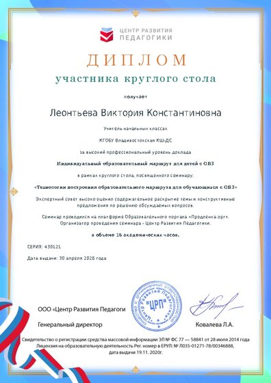 Диплом участника круглого стола