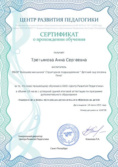 Сертификат о прохождении обучения курсов ДО