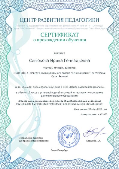 Сертификат о прохождении обучения курсов ДО