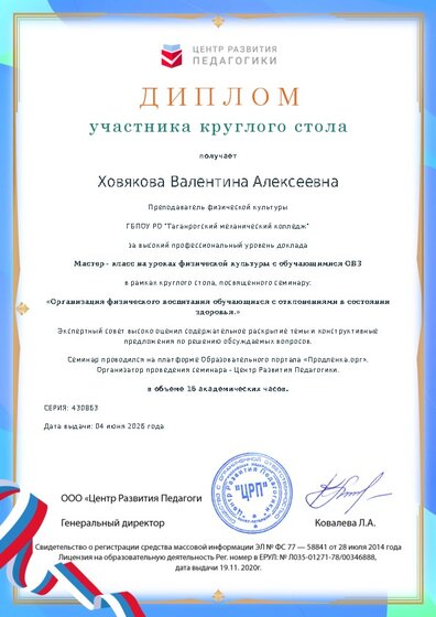 Диплом участника круглого стола