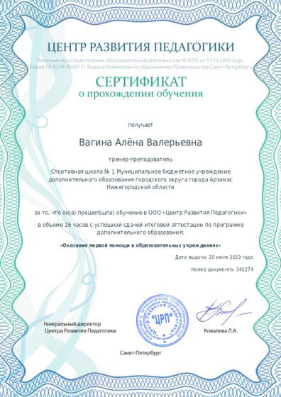 Сертификат о прохождении обучения курсов ДО