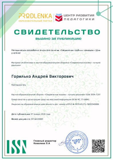 Свидетельство о публикации в сборнике