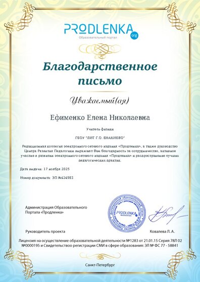 Благодарность за активное участие в развитии педагогической социальной сети