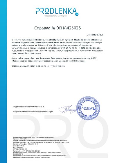 Справка о публикации методического материала