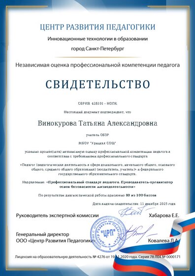 Свидетельство о независимой оценке профессиональной компетенции