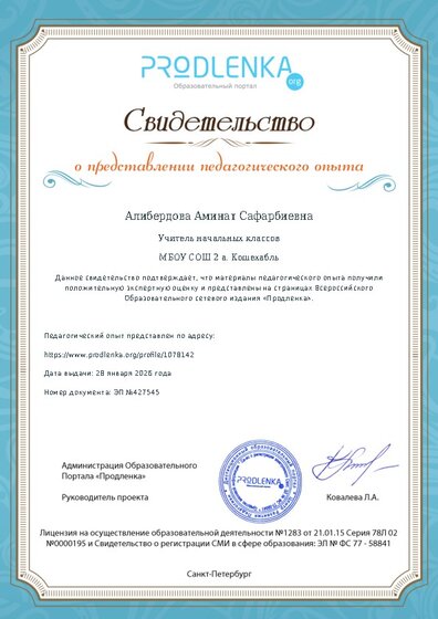 Свидетельство о представлении педагогического опыта (с положительной оценкой экспертной комиссии)