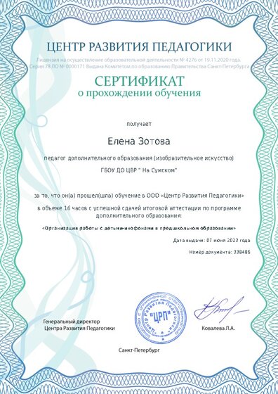 Сертификат о прохождении обучения курсов ДО