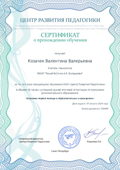Сертификат о прохождении обучения курсов ДО